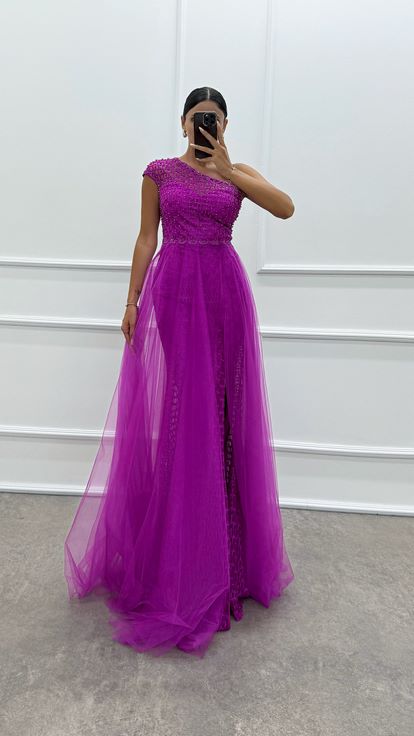 Fuchsia One Shoulder Embroidery Detail Design Dress