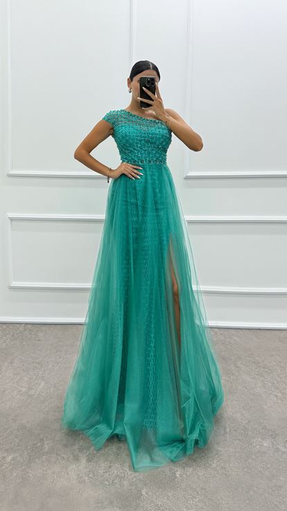 Mint Green One Shoulder Embroidery Detail Design Dress