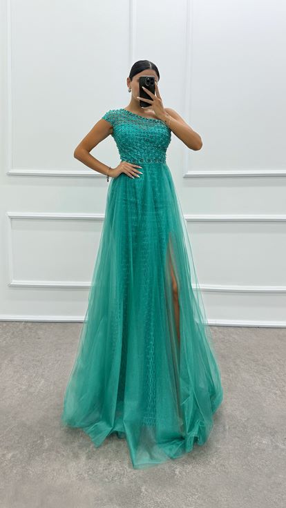 Mint Green One Shoulder Embroidery Detail Design Dress