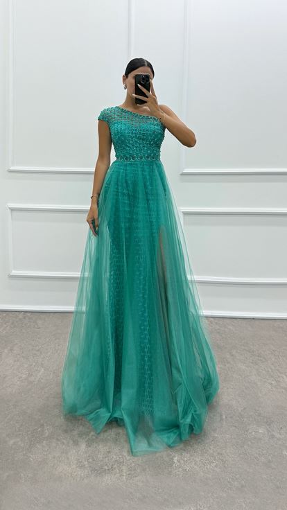 Mint Green One Shoulder Embroidery Detail Design Dress