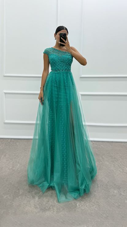Mint Green One Shoulder Embroidery Detail Design Dress