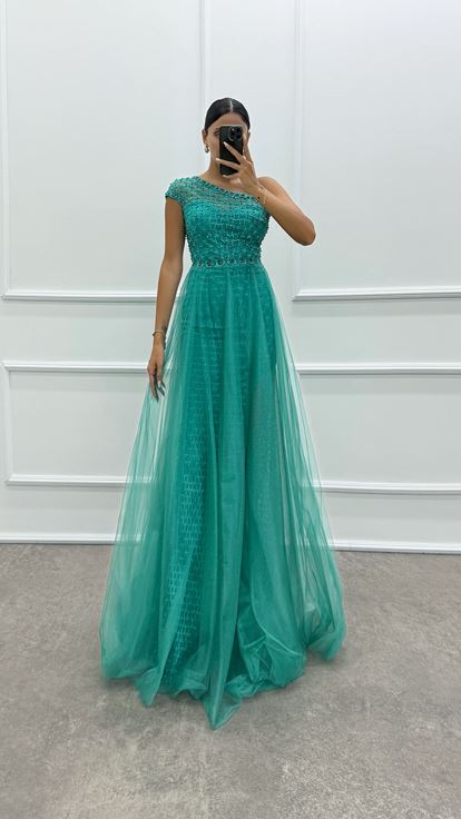 Mint Green One Shoulder Embroidery Detail Design Dress