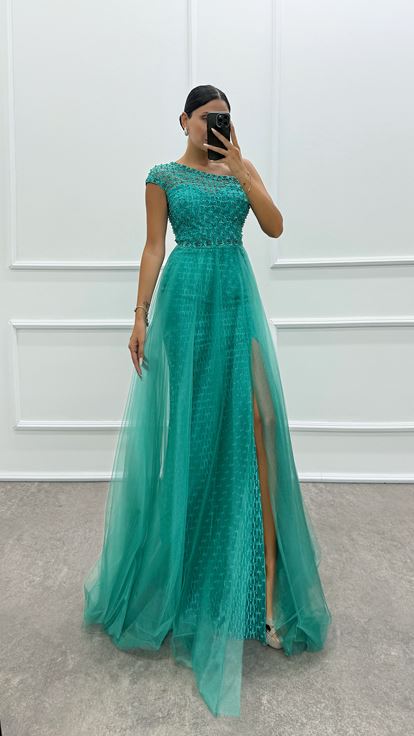 Mint Green One Shoulder Embroidery Detail Design Dress