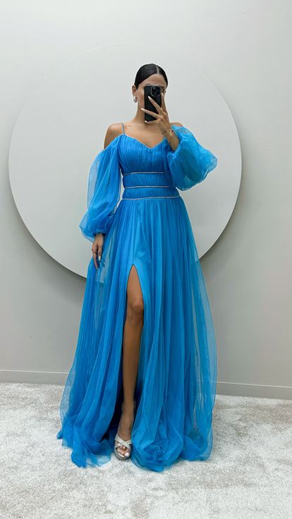 Blue Strappy Balloon Sleeve Waist Detail Design Tulle Dress