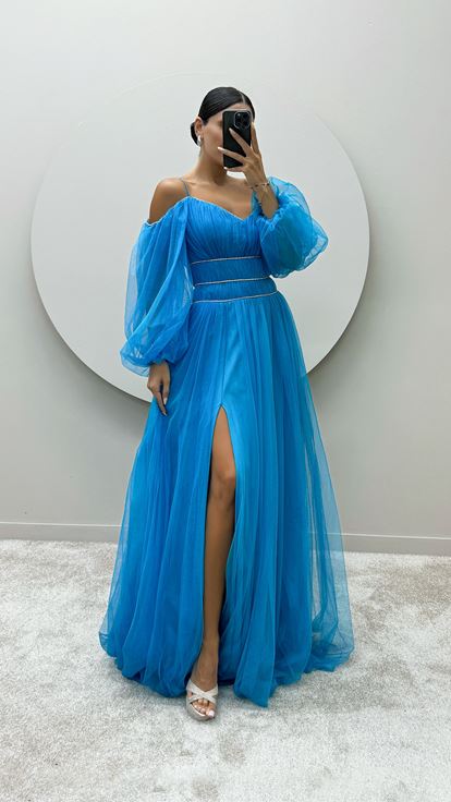 Blue Strappy Balloon Sleeve Waist Detail Design Tulle Dress