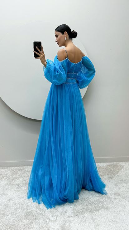 Blue Strappy Balloon Sleeve Waist Detail Design Tulle Dress