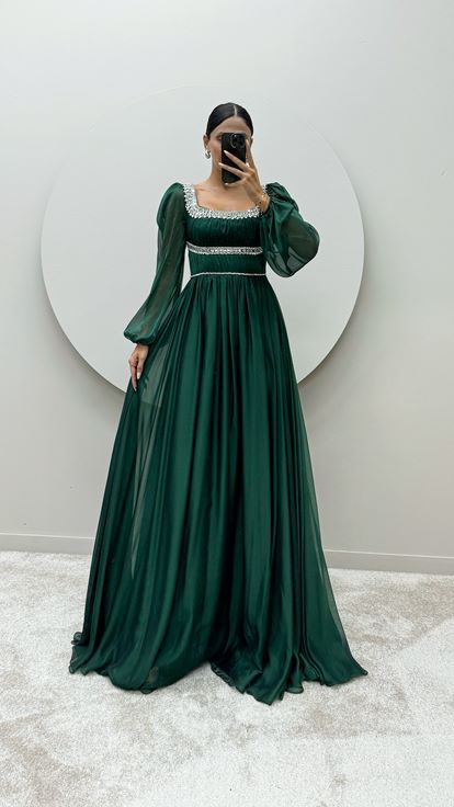 Emerald Green Balloon Sleeve Design Dress with Stone Embroidered Chest and Waist