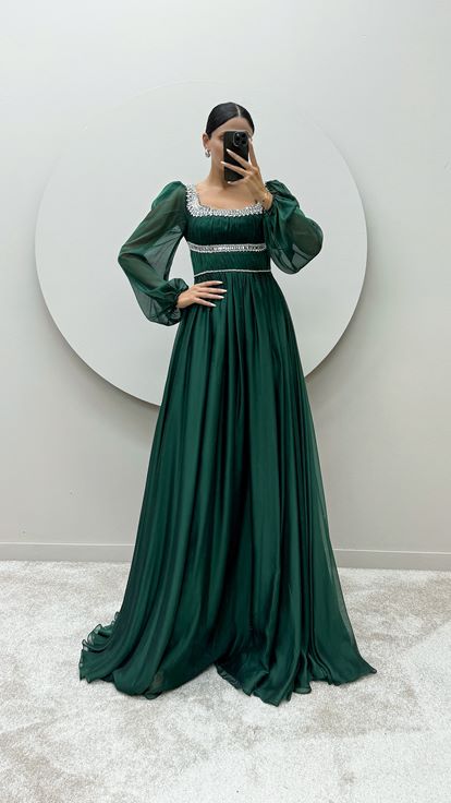 Emerald Green Balloon Sleeve Design Dress with Stone Embroidered Chest and Waist