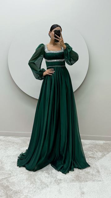 Emerald Green Balloon Sleeve Design Dress with Stone Embroidered Chest and Waist