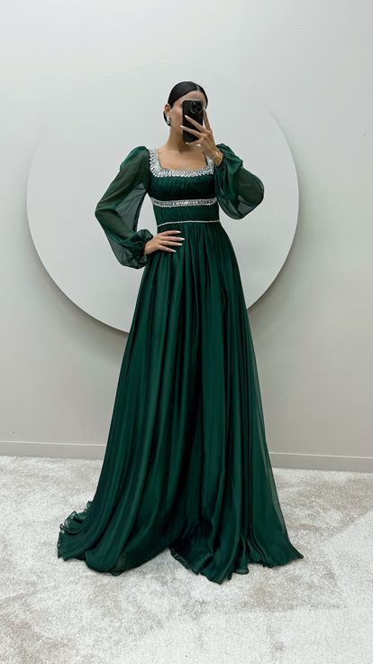 Emerald Green Balloon Sleeve Design Dress with Stone Embroidered Chest and Waist
