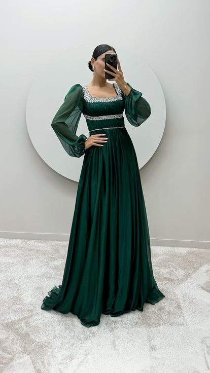 Emerald Green Balloon Sleeve Design Dress with Stone Embroidered Chest and Waist