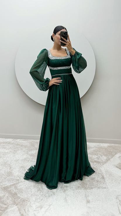 Emerald Green Balloon Sleeve Design Dress with Stone Embroidered Chest and Waist