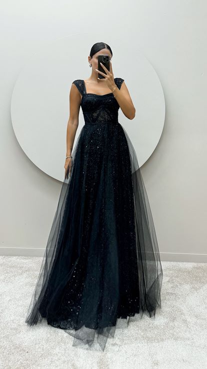 Black Transparent Detail Embroidered Design Dress