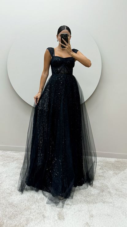 Black Transparent Detail Embroidered Design Dress