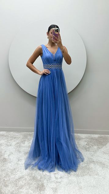 Baby Blue Waist Embroidered Detail Design Tulle Dress