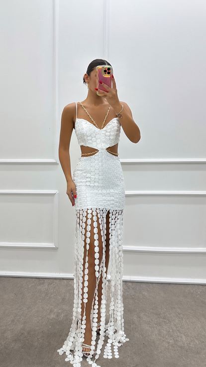 White Chain Dress with Transparent Polka Dot Detail