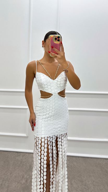 White Chain Dress with Transparent Polka Dot Detail