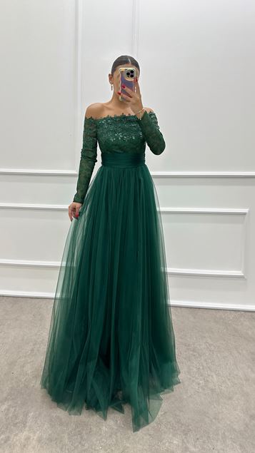 Emerald Green Chest Embroidery Detail Design Tulle Dress