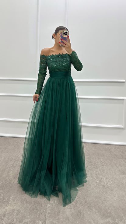 Emerald Green Chest Embroidery Detail Design Tulle Dress