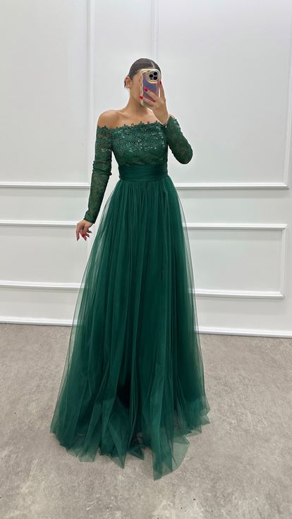 Emerald Green Chest Embroidery Detail Design Tulle Dress