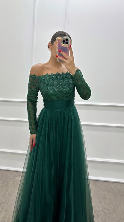 Emerald Green Chest Embroidery Detail Design Tulle Dress
