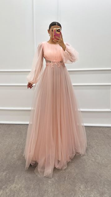 Powder Balloon Sleeve Transparent Design Tulle Dress