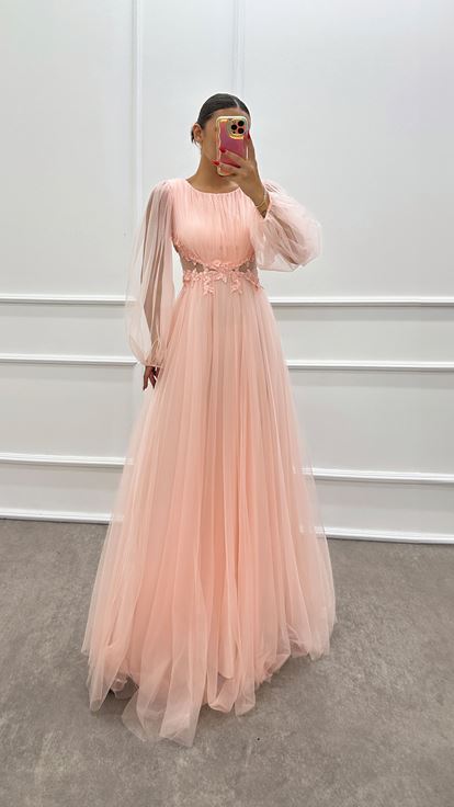 Pudra Balon Kol Transparan Tasarım Tül Elbise