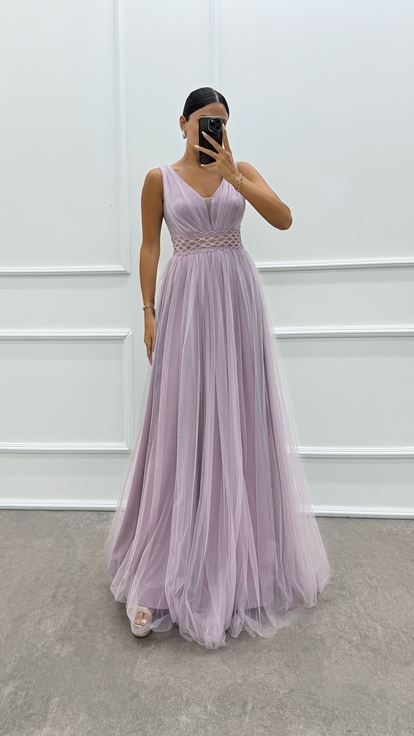 Pembe Beli İşleme Detay Tasarım Tül Elbise