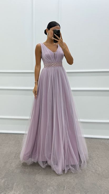 Pembe Beli İşleme Detay Tasarım Tül Elbise