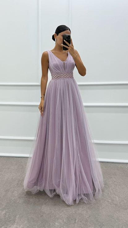 Pembe Beli İşleme Detay Tasarım Tül Elbise