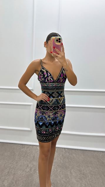 Hand Embroidered Mini Evening Dress with Black Rope Strap