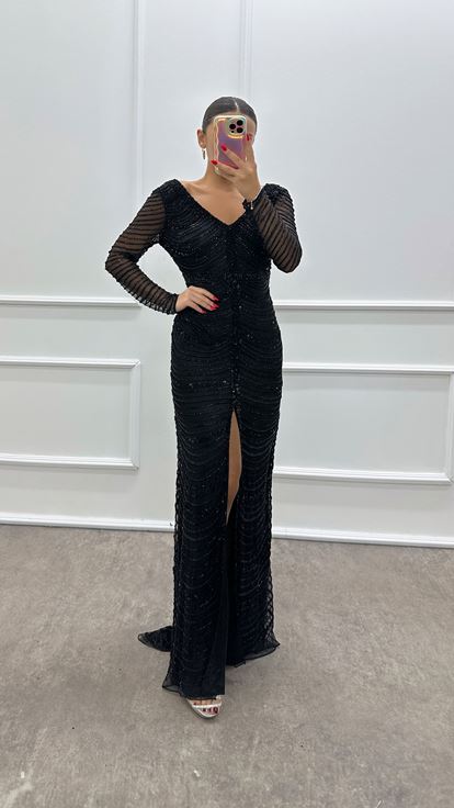 Black V Neck Hand Embroidered Designer Evening Dress