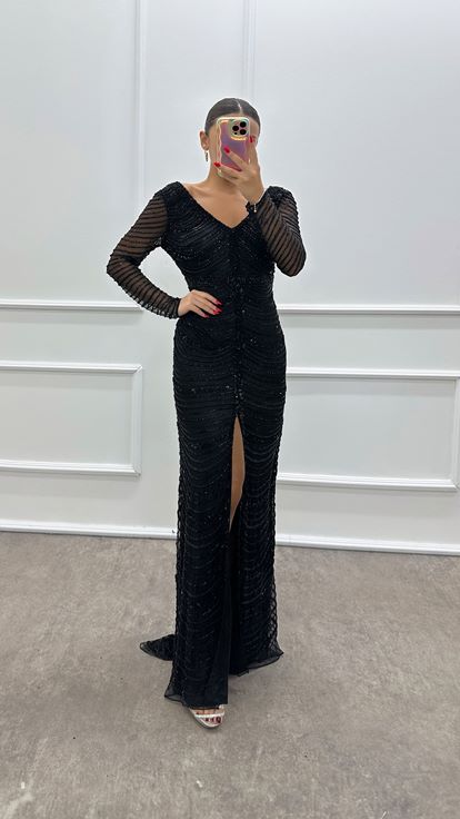 Black V Neck Hand Embroidered Designer Evening Dress