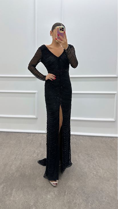 Black V Neck Hand Embroidered Designer Evening Dress