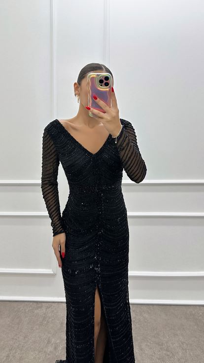 Black V Neck Hand Embroidered Designer Evening Dress