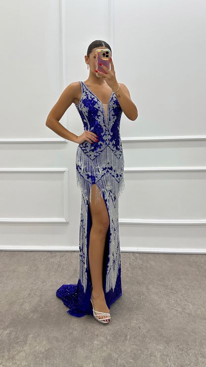 Sax Strap Skirts Fringed Design Evening Dress