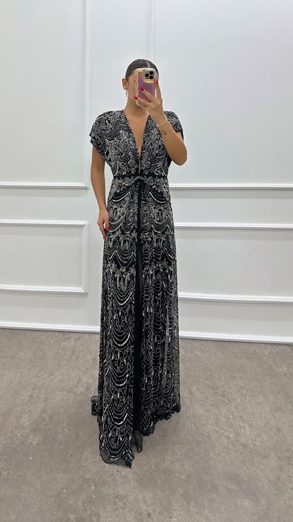 Black V Neck Hand Embroidered Designer Evening Dress