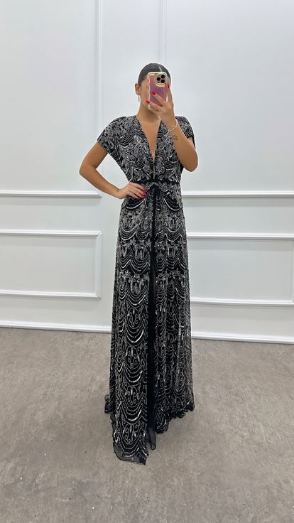 Black V Neck Hand Embroidered Designer Evening Dress