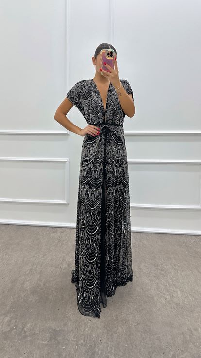 Black V Neck Hand Embroidered Designer Evening Dress