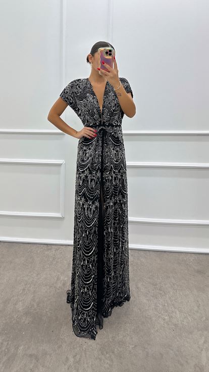 Black V Neck Hand Embroidered Designer Evening Dress