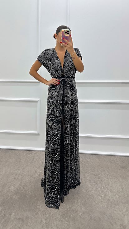 Black V Neck Hand Embroidered Designer Evening Dress