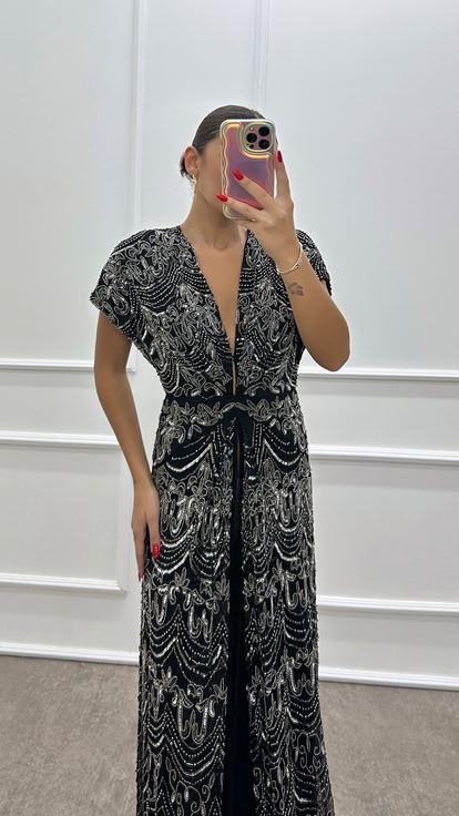 Black V Neck Hand Embroidered Designer Evening Dress