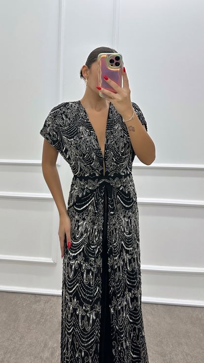 Black V Neck Hand Embroidered Designer Evening Dress