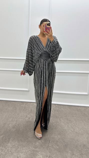 Silver Bat Sleeve Hand Embroidered Design Evening Dress