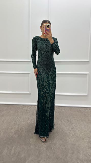 Smaragdgrünes, handbesticktes Abendkleid