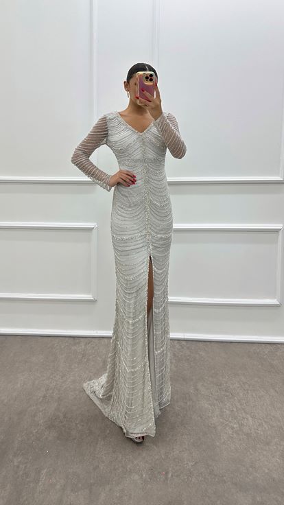 Silver V Neck Hand Embroidered Designer Evening Dress