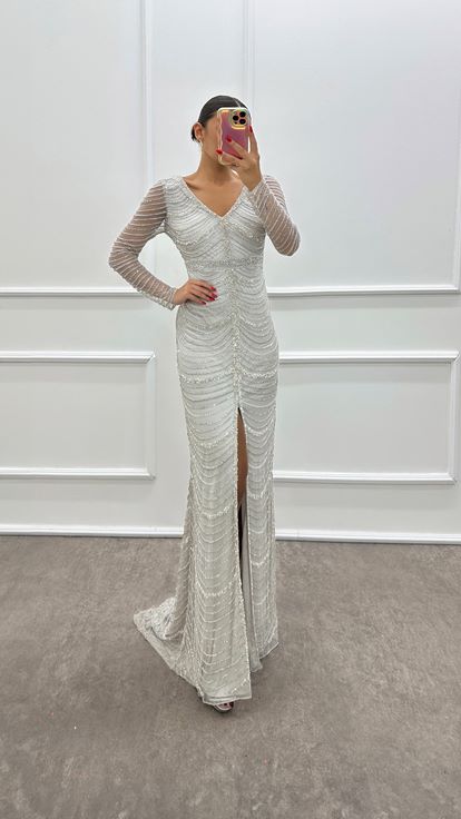 Silver V Neck Hand Embroidered Designer Evening Dress