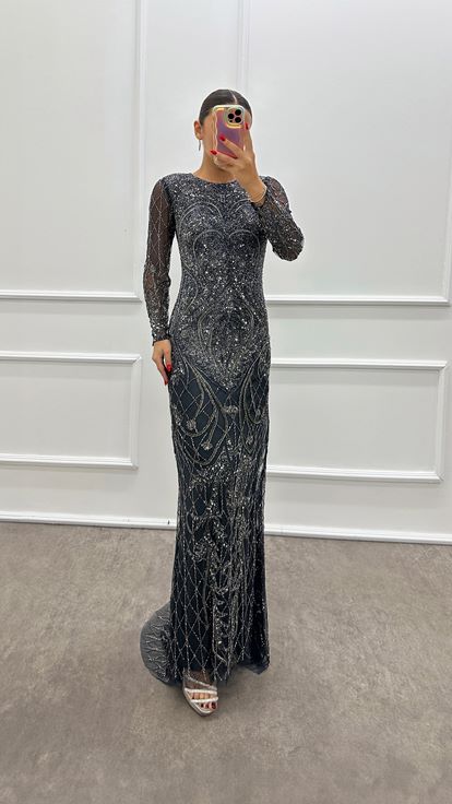 İndigo Kolları Transparan El İşlemesi Tasarım Abiye