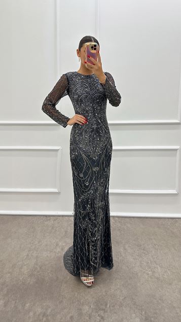 Indigo Sleeves Transparent Hand Embroidered Design Evening Dress