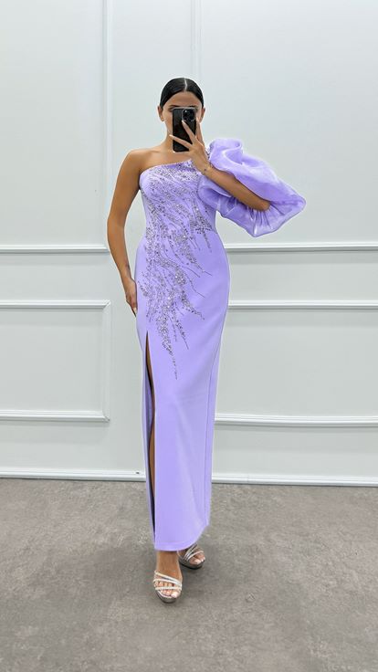 Lilac Single Sleeve Embroidered Design Dress on the Chest